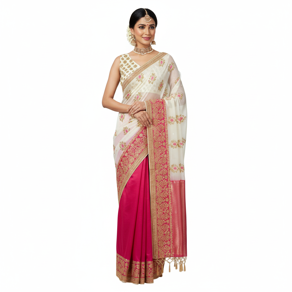 The Regal Rose Saree: Cream & Hot Pink Half-and-Half