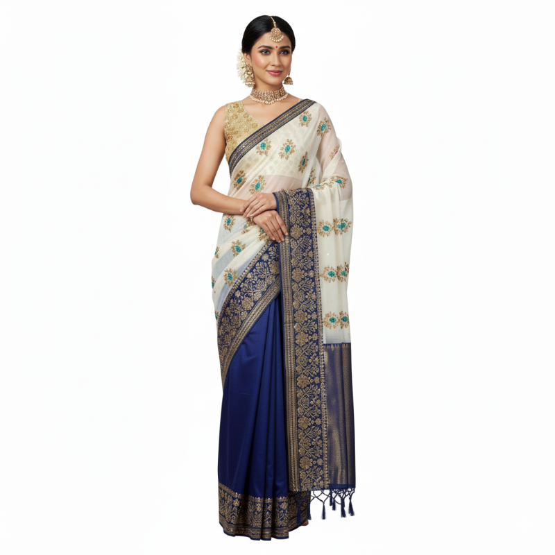 The Midnight Bloom Saree: Cream & Navy Blue Half-and-Half