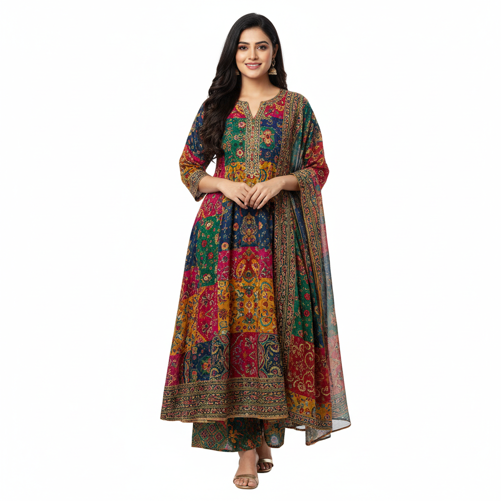 Vibrant Patchwork Paisley Anarkali Kurta Set