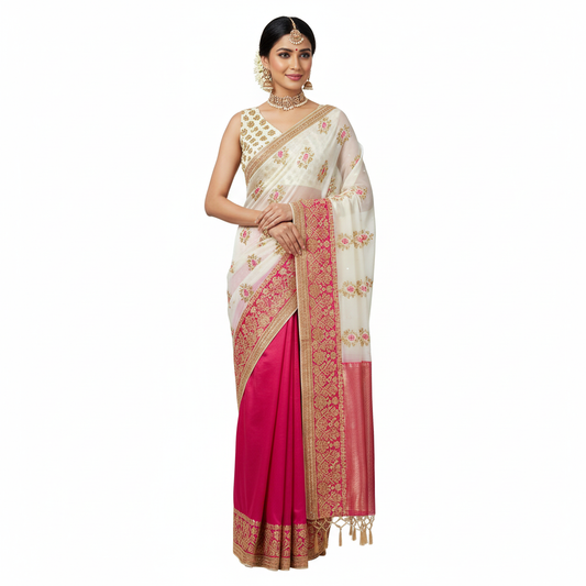The Regal Rose Saree: Cream & Hot Pink Half-and-Half