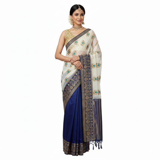 The Midnight Bloom Saree: Cream & Navy Blue Half-and-Half